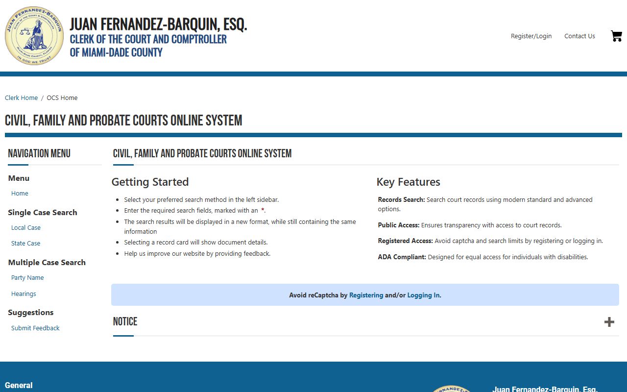 Miami-Dade Online Court System for searching Hialeah family court records