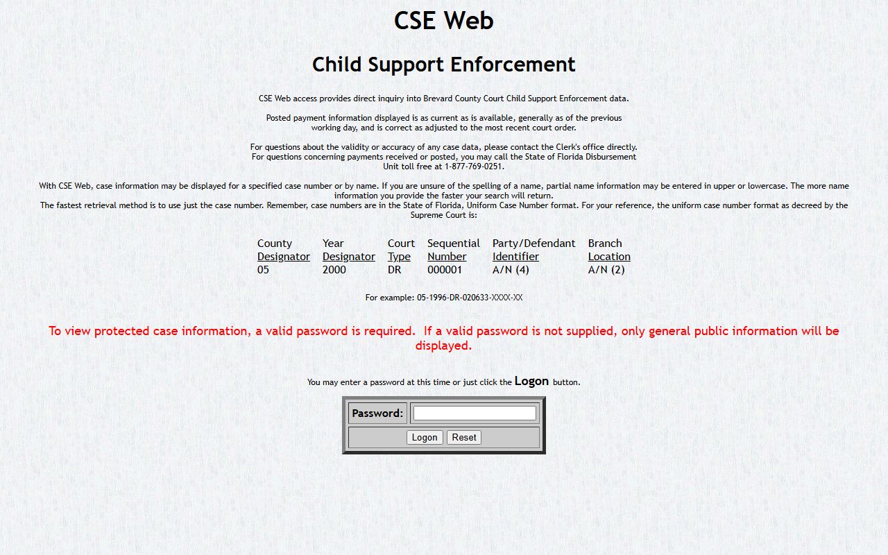 Brevard County CSE Web Access for Melbourne family court records