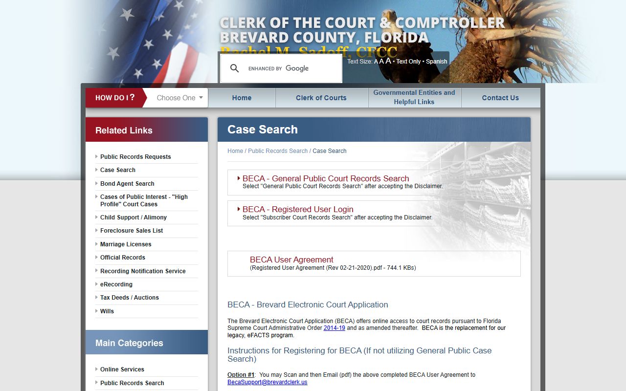 Brevard County Clerk case search interface