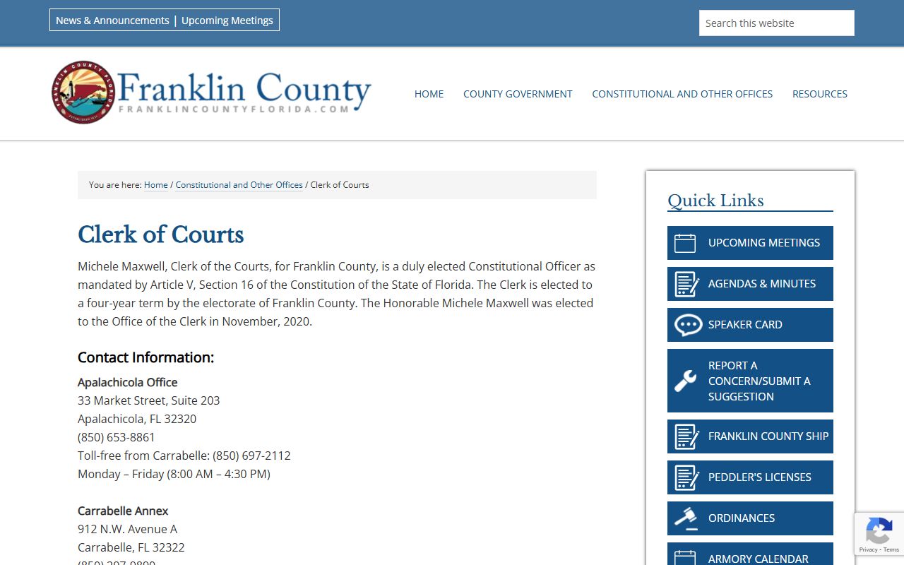 Franklin County Clerk of Courts page with court services information