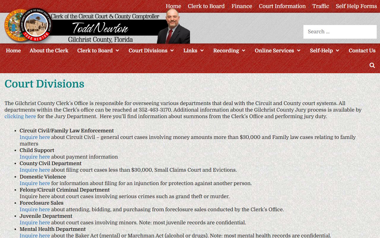 Gilchrist County court services page with record access details