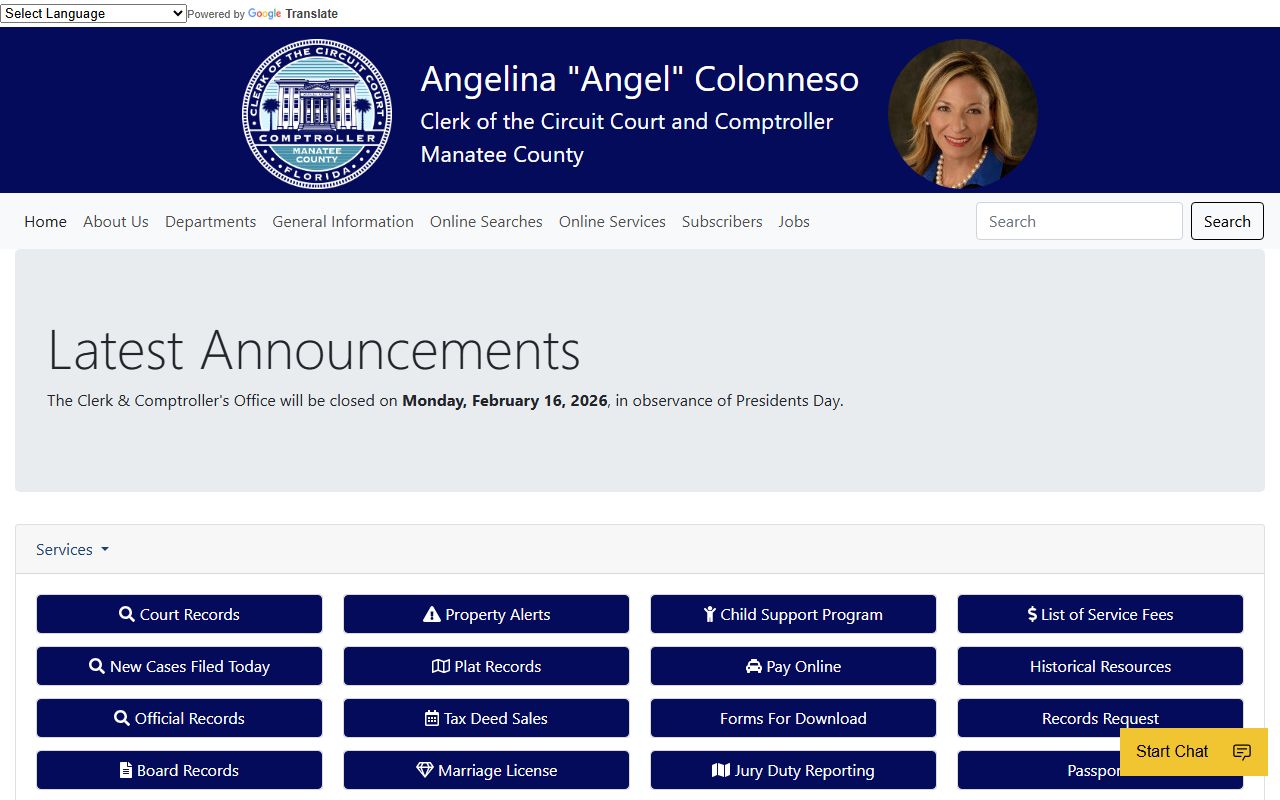 Manatee County Clerk of Court homepage for family court records access
