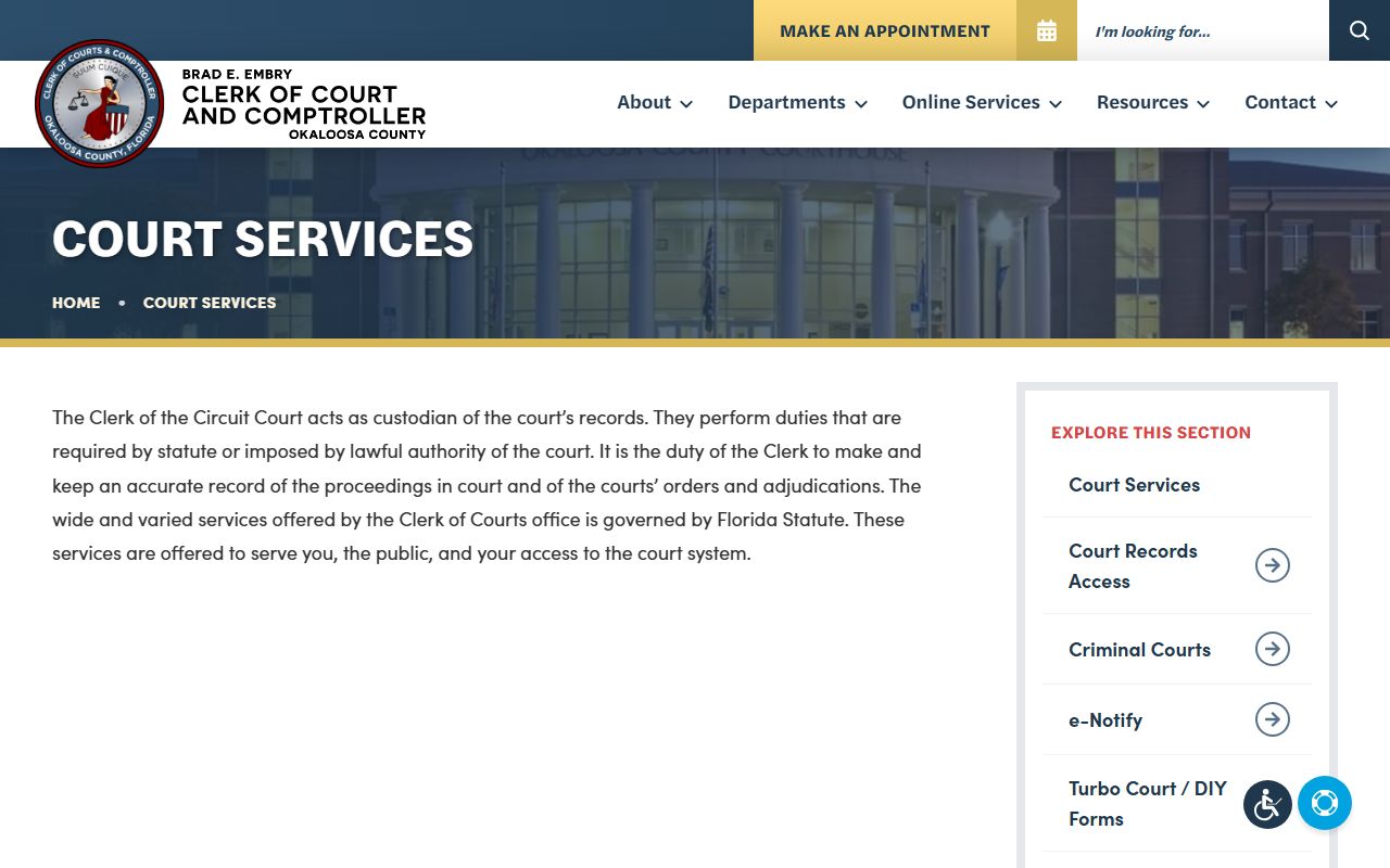 Okaloosa County Clerk court services page