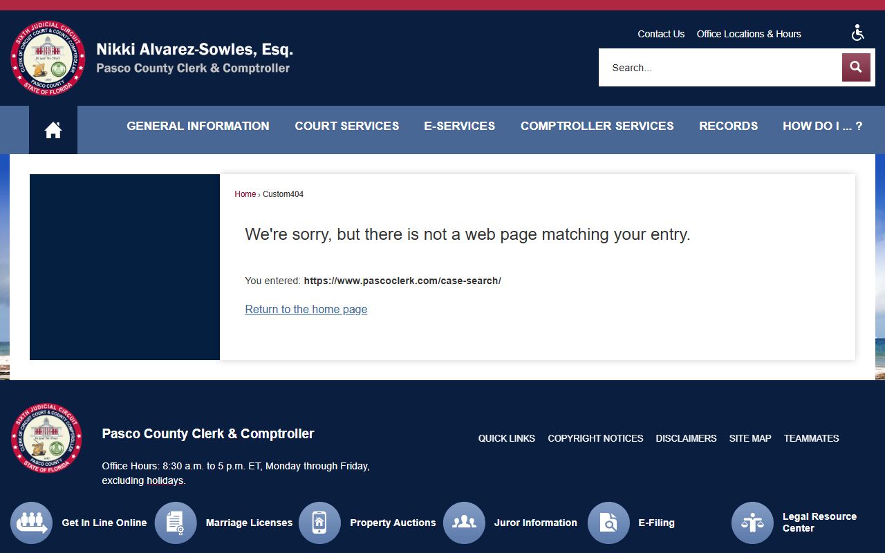 Pasco County Clerk case search page