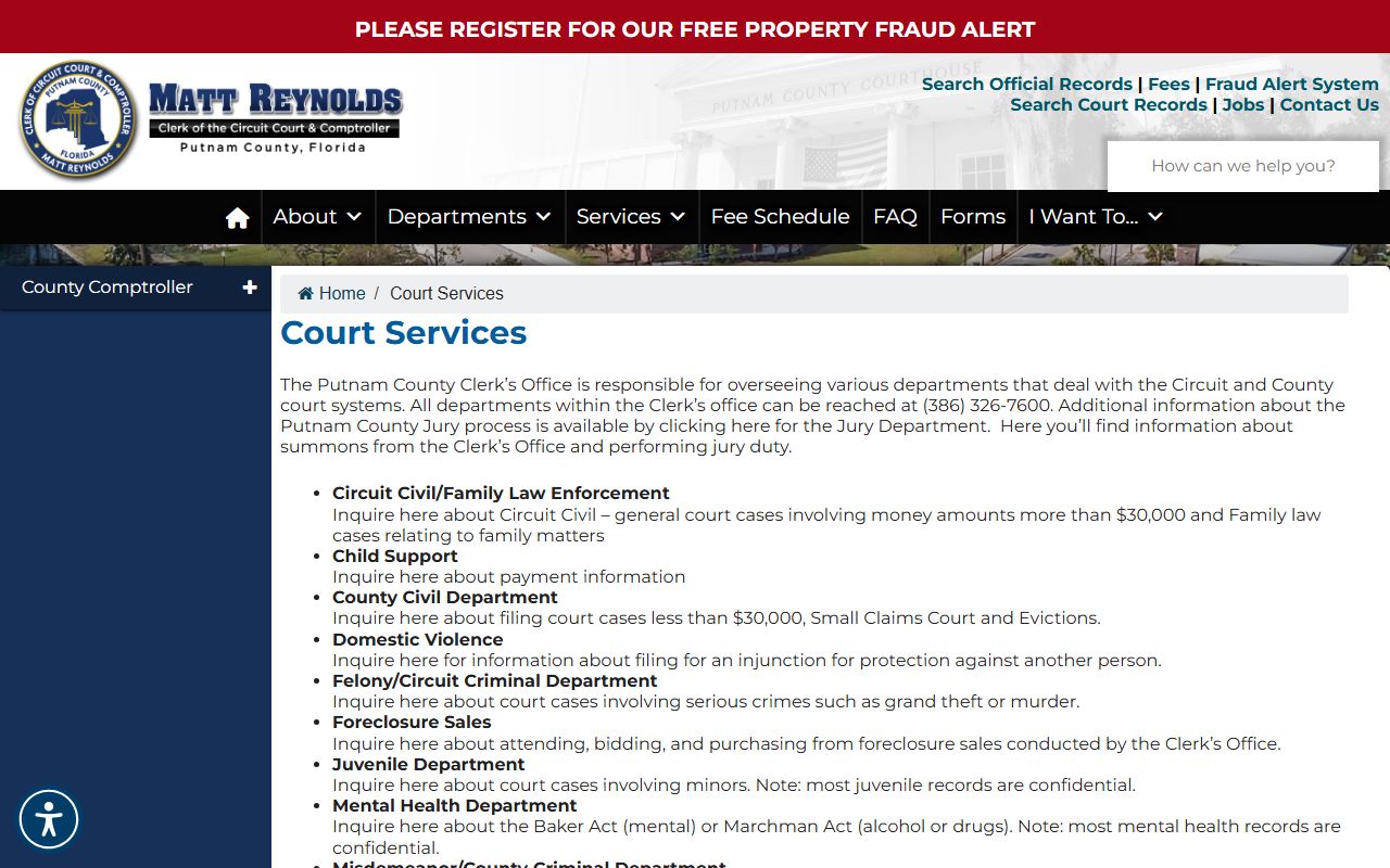 Putnam County Clerk court services page