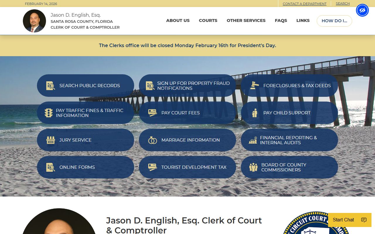 Santa Rosa County Clerk of Court homepage for family court records