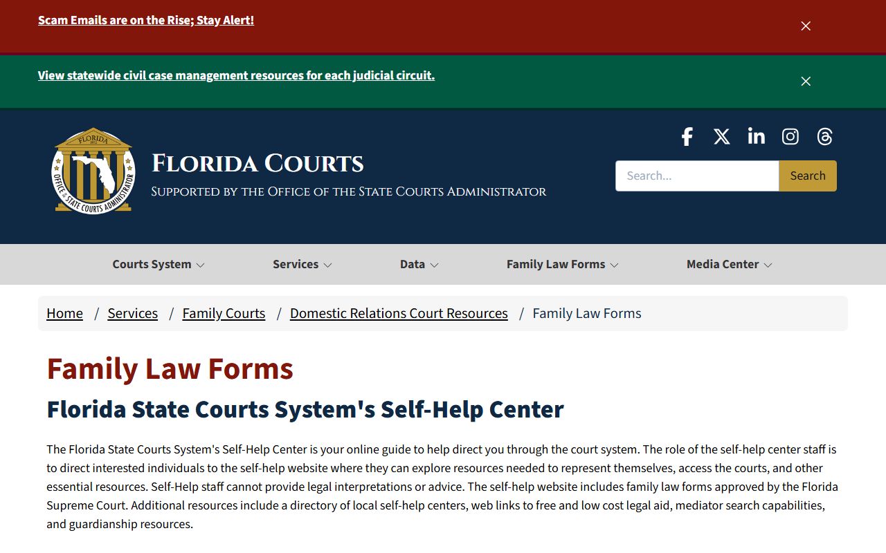 Florida family law forms page with approved Supreme Court documents