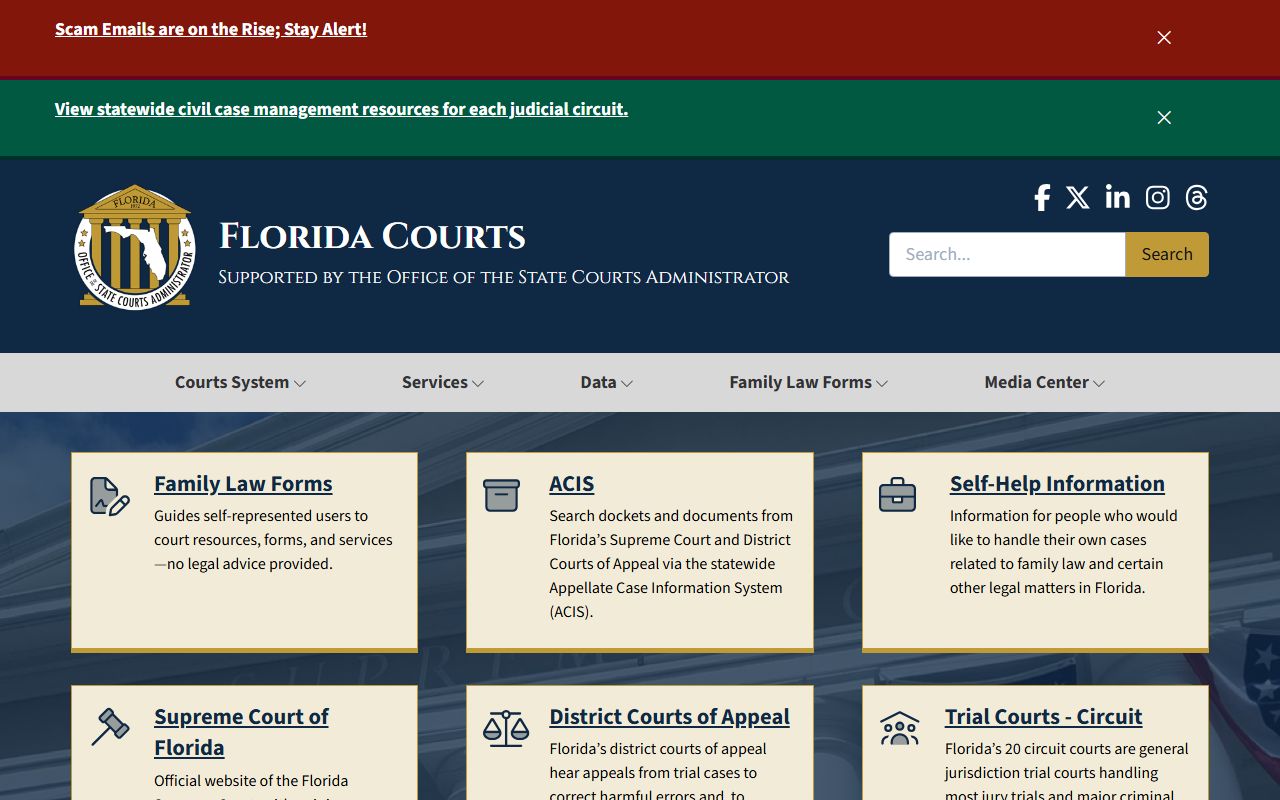 Florida State Courts System homepage for accessing family court records